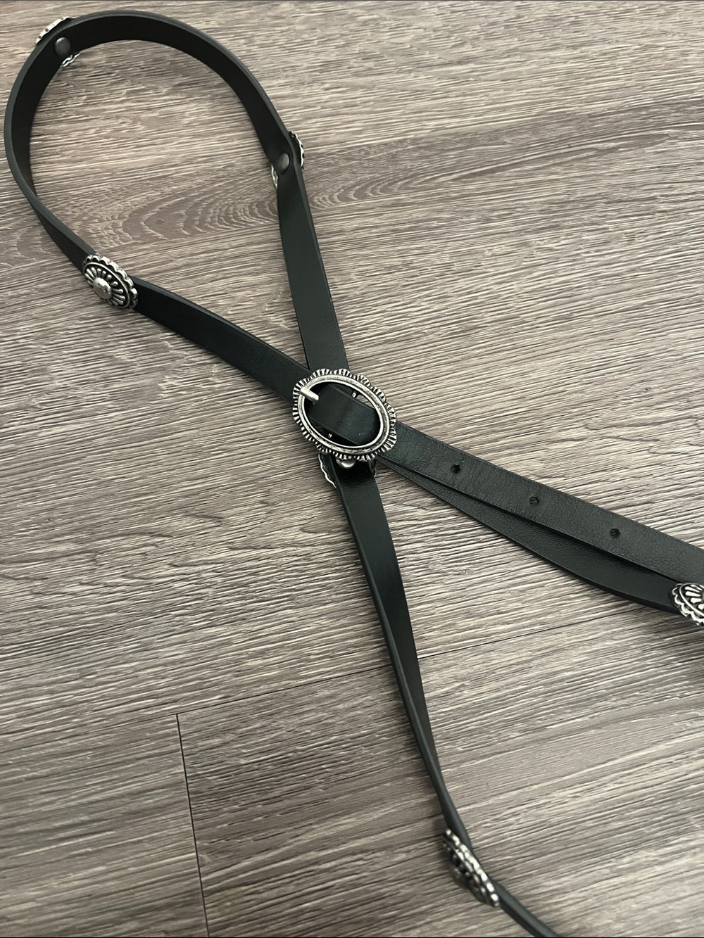 Black Leather Harness Belt with Silver Concho Accents